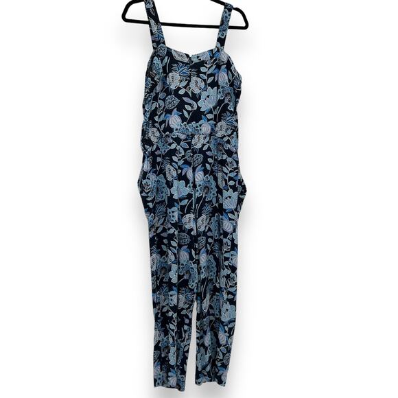Ann Taylor Loft Jumpsuit Size 8 Blue Floral Print Square Neck Boho Casual Rayon - Picture 9 of 16